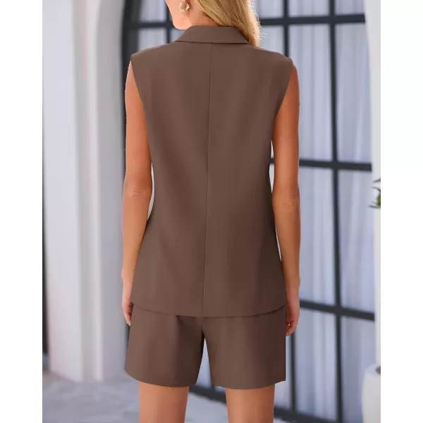 imageBTFBM Womens Casual Sleeveless Blazer Vest Shorts Sets Notched Lapel Double Breasted Office Two Piece Matching OutfitsSolid Coffee