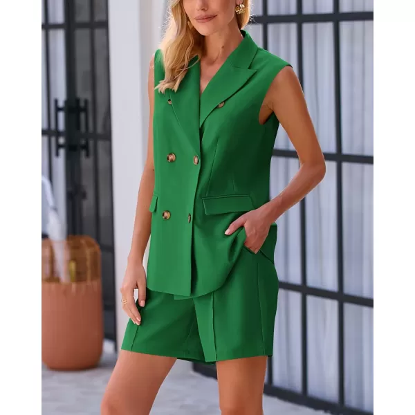 imageBTFBM Womens Casual Sleeveless Blazer Vest Shorts Sets Notched Lapel Double Breasted Office Two Piece Matching OutfitsSolid Green