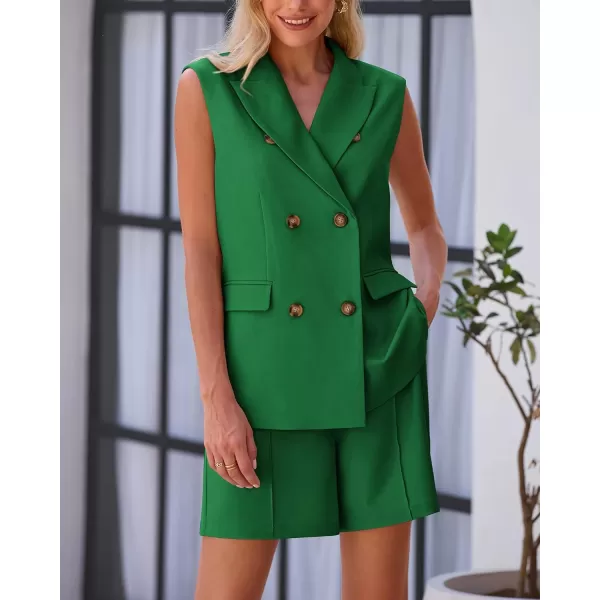 imageBTFBM Womens Casual Sleeveless Blazer Vest Shorts Sets Notched Lapel Double Breasted Office Two Piece Matching OutfitsSolid Green