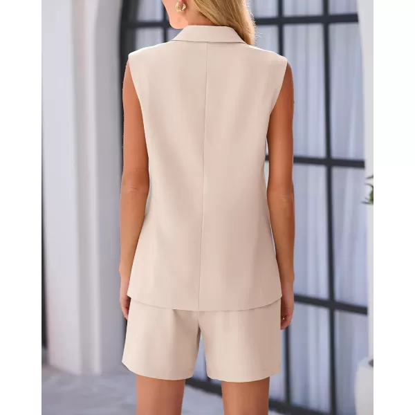 imageBTFBM Womens Casual Sleeveless Blazer Vest Shorts Sets Notched Lapel Double Breasted Office Two Piece Matching OutfitsSolid Light Khaki