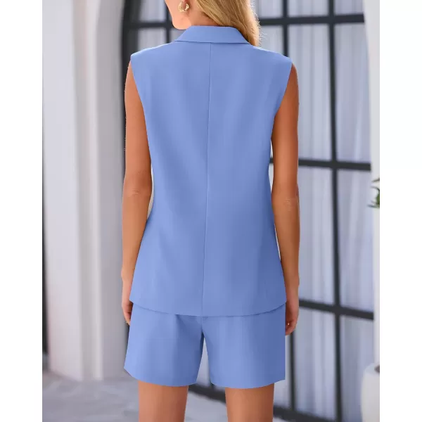 imageBTFBM Womens Casual Sleeveless Blazer Vest Shorts Sets Notched Lapel Double Breasted Office Two Piece Matching OutfitsSolid Sky Blue