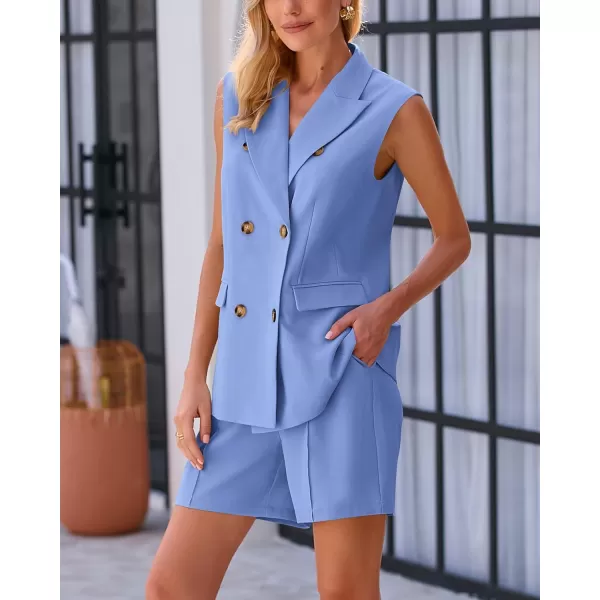 imageBTFBM Womens Casual Sleeveless Blazer Vest Shorts Sets Notched Lapel Double Breasted Office Two Piece Matching OutfitsSolid Sky Blue