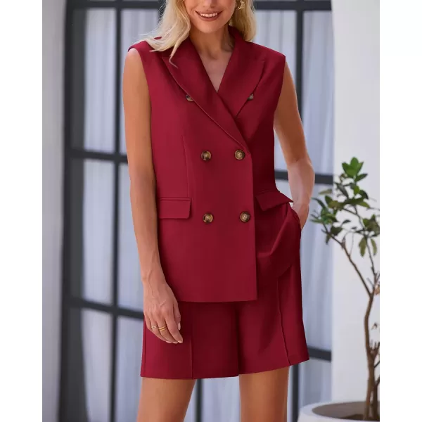 imageBTFBM Womens Casual Sleeveless Blazer Vest Shorts Sets Notched Lapel Double Breasted Office Two Piece Matching OutfitsSolid Wine Red