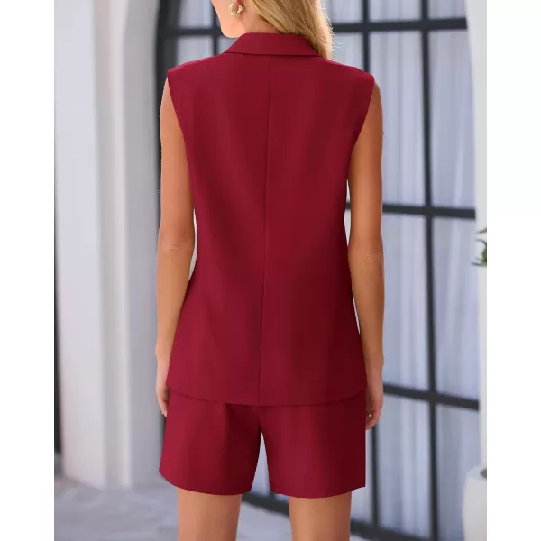 imageBTFBM Womens Casual Sleeveless Blazer Vest Shorts Sets Notched Lapel Double Breasted Office Two Piece Matching OutfitsSolid Wine Red