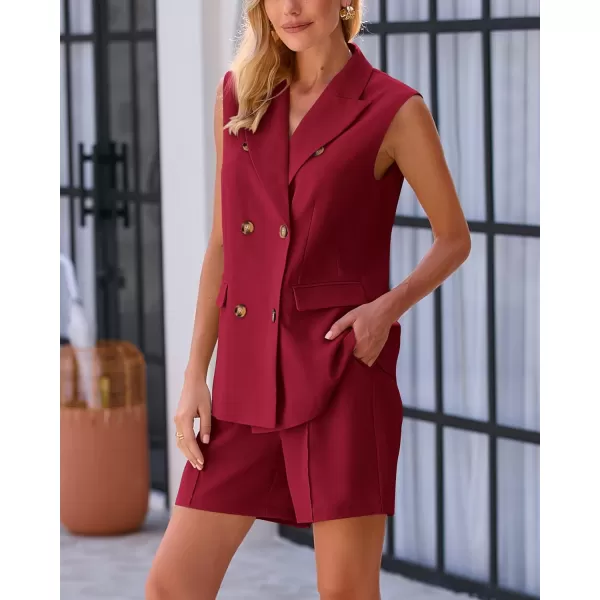 imageBTFBM Womens Casual Sleeveless Blazer Vest Shorts Sets Notched Lapel Double Breasted Office Two Piece Matching OutfitsSolid Wine Red