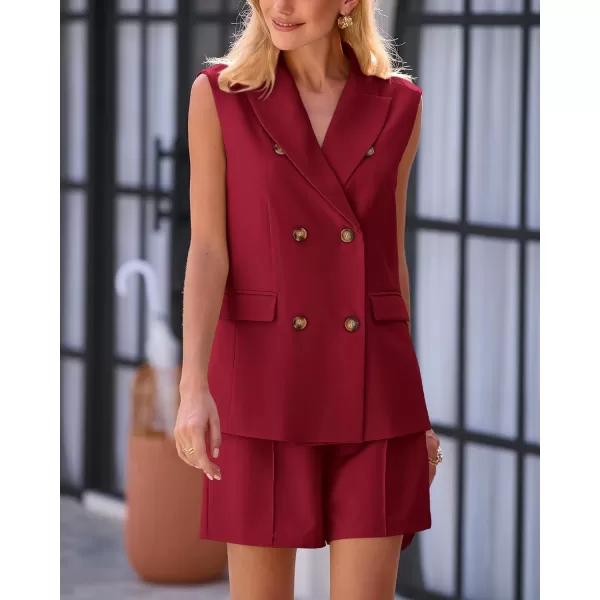 imageBTFBM Womens Casual Sleeveless Blazer Vest Shorts Sets Notched Lapel Double Breasted Office Two Piece Matching OutfitsSolid Wine Red