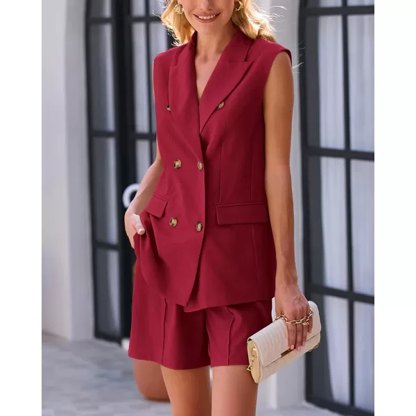imageBTFBM Womens Casual Sleeveless Blazer Vest Shorts Sets Notched Lapel Double Breasted Office Two Piece Matching OutfitsSolid Wine Red