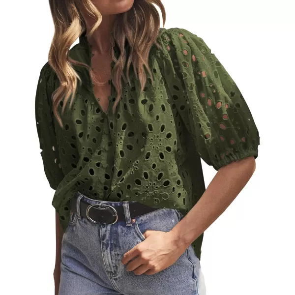 imageBTFBM Womens Casual Summer Blouse Tops Hollow Out Eyelet Embroidery V Neck Buttons Puff Short Sleeve Dressy Boho ShirtSolid Army Green