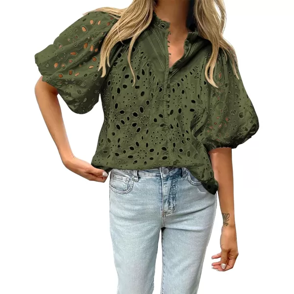 imageBTFBM Womens Casual Summer Blouse Tops Hollow Out Eyelet Embroidery V Neck Buttons Puff Short Sleeve Dressy Boho ShirtSolid Army Green