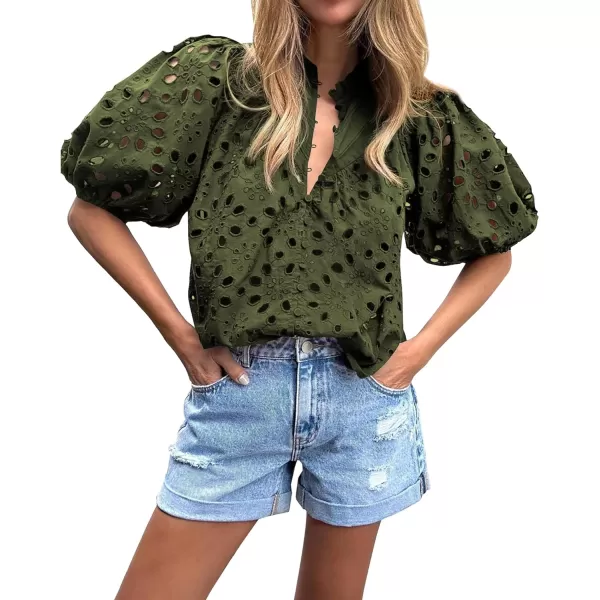 imageBTFBM Womens Casual Summer Blouse Tops Hollow Out Eyelet Embroidery V Neck Buttons Puff Short Sleeve Dressy Boho ShirtSolid Army Green