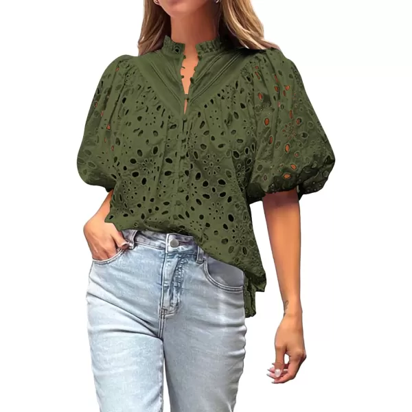 imageBTFBM Womens Casual Summer Blouse Tops Hollow Out Eyelet Embroidery V Neck Buttons Puff Short Sleeve Dressy Boho ShirtSolid Army Green