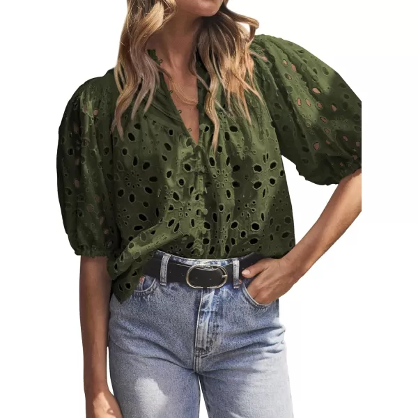 imageBTFBM Womens Casual Summer Blouse Tops Hollow Out Eyelet Embroidery V Neck Buttons Puff Short Sleeve Dressy Boho ShirtSolid Army Green