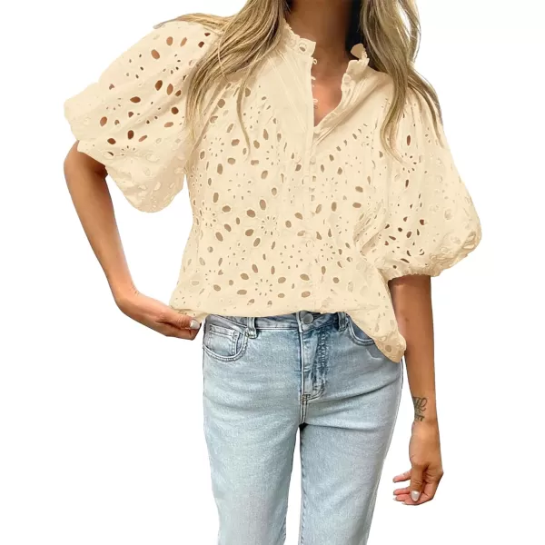 imageBTFBM Womens Casual Summer Blouse Tops Hollow Out Eyelet Embroidery V Neck Buttons Puff Short Sleeve Dressy Boho ShirtSolid Beige