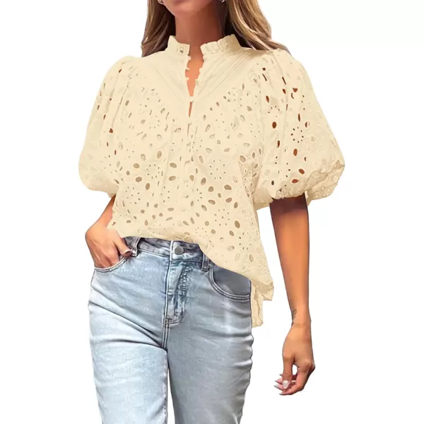 imageBTFBM Womens Casual Summer Blouse Tops Hollow Out Eyelet Embroidery V Neck Buttons Puff Short Sleeve Dressy Boho ShirtSolid Beige
