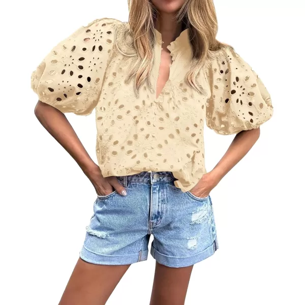 imageBTFBM Womens Casual Summer Blouse Tops Hollow Out Eyelet Embroidery V Neck Buttons Puff Short Sleeve Dressy Boho ShirtSolid Beige
