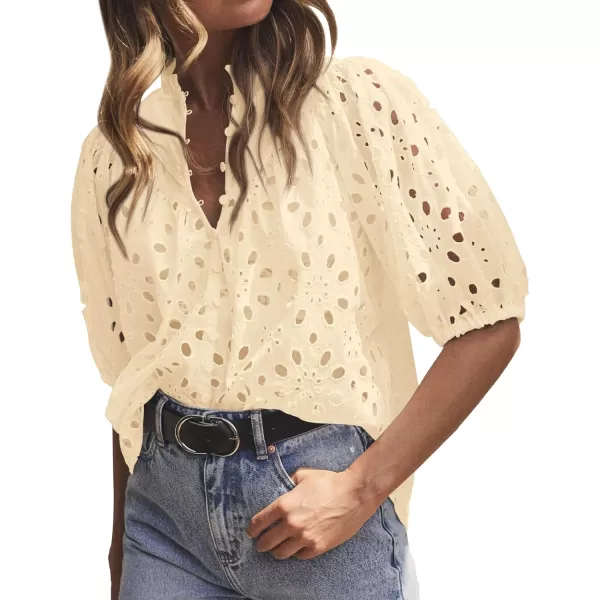 imageBTFBM Womens Casual Summer Blouse Tops Hollow Out Eyelet Embroidery V Neck Buttons Puff Short Sleeve Dressy Boho ShirtSolid Beige