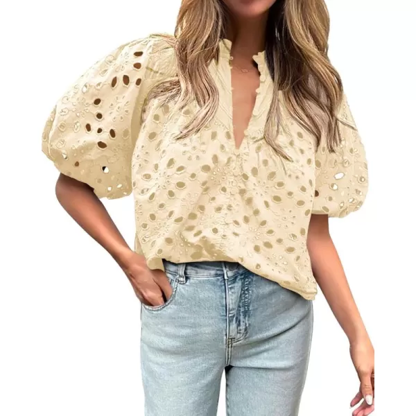 imageBTFBM Womens Casual Summer Blouse Tops Hollow Out Eyelet Embroidery V Neck Buttons Puff Short Sleeve Dressy Boho ShirtSolid Beige