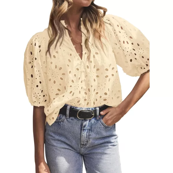 imageBTFBM Womens Casual Summer Blouse Tops Hollow Out Eyelet Embroidery V Neck Buttons Puff Short Sleeve Dressy Boho ShirtSolid Beige