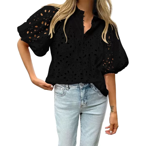 imageBTFBM Womens Casual Summer Blouse Tops Hollow Out Eyelet Embroidery V Neck Buttons Puff Short Sleeve Dressy Boho ShirtSolid Black