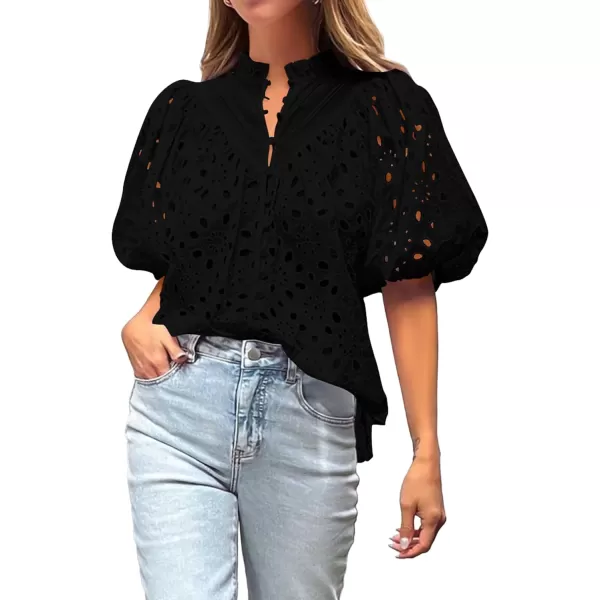 imageBTFBM Womens Casual Summer Blouse Tops Hollow Out Eyelet Embroidery V Neck Buttons Puff Short Sleeve Dressy Boho ShirtSolid Black