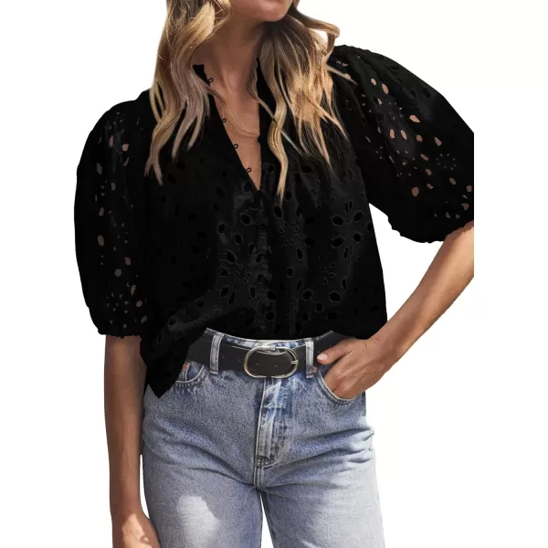 imageBTFBM Womens Casual Summer Blouse Tops Hollow Out Eyelet Embroidery V Neck Buttons Puff Short Sleeve Dressy Boho ShirtSolid Black