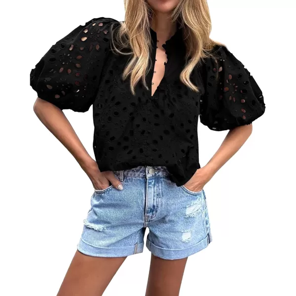 imageBTFBM Womens Casual Summer Blouse Tops Hollow Out Eyelet Embroidery V Neck Buttons Puff Short Sleeve Dressy Boho ShirtSolid Black