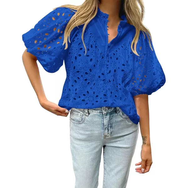 imageBTFBM Womens Casual Summer Blouse Tops Hollow Out Eyelet Embroidery V Neck Buttons Puff Short Sleeve Dressy Boho ShirtSolid Blue