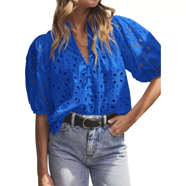 imageBTFBM Womens Casual Summer Blouse Tops Hollow Out Eyelet Embroidery V Neck Buttons Puff Short Sleeve Dressy Boho ShirtSolid Blue
