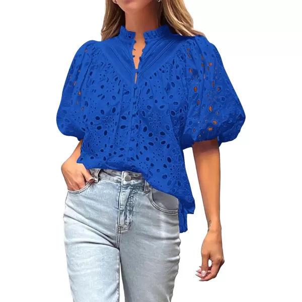 imageBTFBM Womens Casual Summer Blouse Tops Hollow Out Eyelet Embroidery V Neck Buttons Puff Short Sleeve Dressy Boho ShirtSolid Blue
