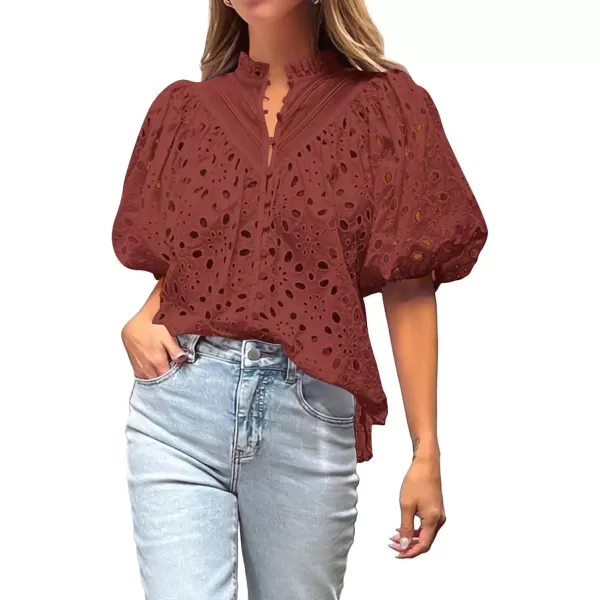 imageBTFBM Womens Casual Summer Blouse Tops Hollow Out Eyelet Embroidery V Neck Buttons Puff Short Sleeve Dressy Boho ShirtSolid Brown Red