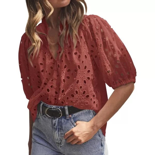 imageBTFBM Womens Casual Summer Blouse Tops Hollow Out Eyelet Embroidery V Neck Buttons Puff Short Sleeve Dressy Boho ShirtSolid Brown Red