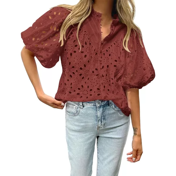 imageBTFBM Womens Casual Summer Blouse Tops Hollow Out Eyelet Embroidery V Neck Buttons Puff Short Sleeve Dressy Boho ShirtSolid Brown Red