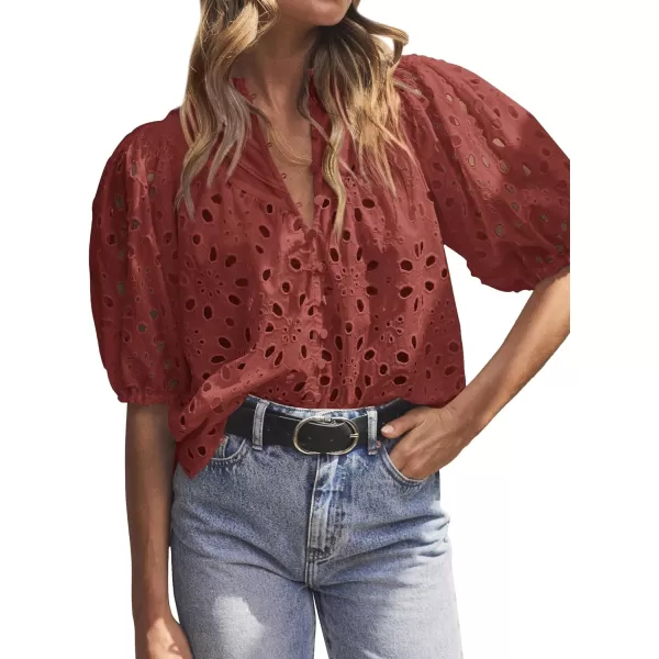 imageBTFBM Womens Casual Summer Blouse Tops Hollow Out Eyelet Embroidery V Neck Buttons Puff Short Sleeve Dressy Boho ShirtSolid Brown Red