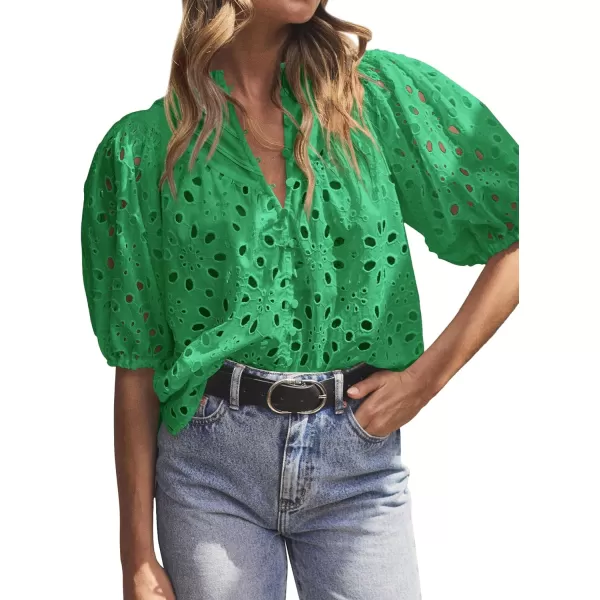 imageBTFBM Womens Casual Summer Blouse Tops Hollow Out Eyelet Embroidery V Neck Buttons Puff Short Sleeve Dressy Boho ShirtSolid Green