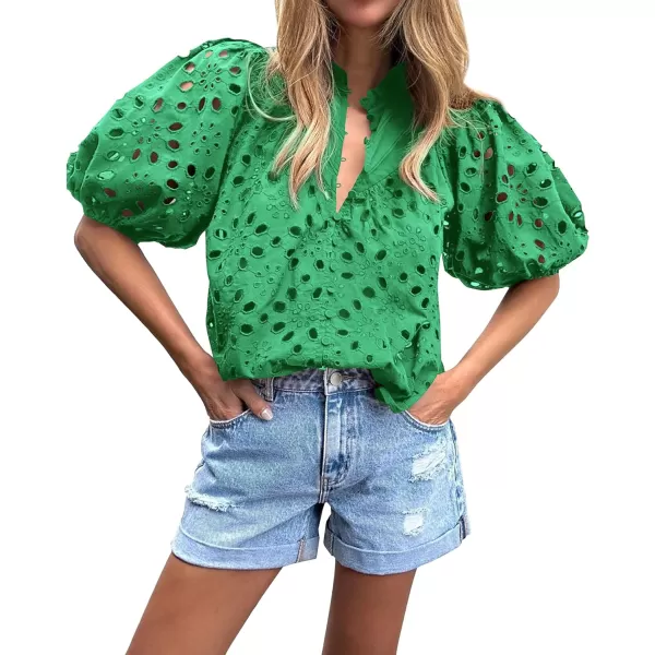 imageBTFBM Womens Casual Summer Blouse Tops Hollow Out Eyelet Embroidery V Neck Buttons Puff Short Sleeve Dressy Boho ShirtSolid Green
