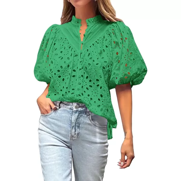 imageBTFBM Womens Casual Summer Blouse Tops Hollow Out Eyelet Embroidery V Neck Buttons Puff Short Sleeve Dressy Boho ShirtSolid Green