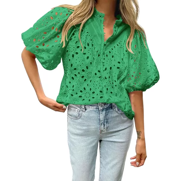 imageBTFBM Womens Casual Summer Blouse Tops Hollow Out Eyelet Embroidery V Neck Buttons Puff Short Sleeve Dressy Boho ShirtSolid Green