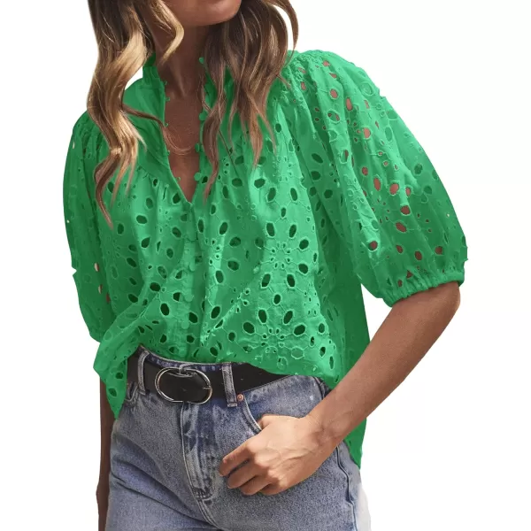 imageBTFBM Womens Casual Summer Blouse Tops Hollow Out Eyelet Embroidery V Neck Buttons Puff Short Sleeve Dressy Boho ShirtSolid Green