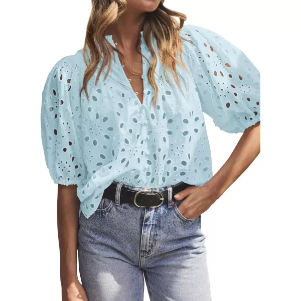 imageBTFBM Womens Casual Summer Blouse Tops Hollow Out Eyelet Embroidery V Neck Buttons Puff Short Sleeve Dressy Boho ShirtSolid Light Blue