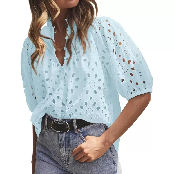 imageBTFBM Womens Casual Summer Blouse Tops Hollow Out Eyelet Embroidery V Neck Buttons Puff Short Sleeve Dressy Boho ShirtSolid Light Blue