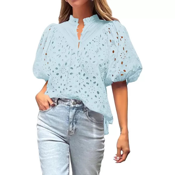 imageBTFBM Womens Casual Summer Blouse Tops Hollow Out Eyelet Embroidery V Neck Buttons Puff Short Sleeve Dressy Boho ShirtSolid Light Blue