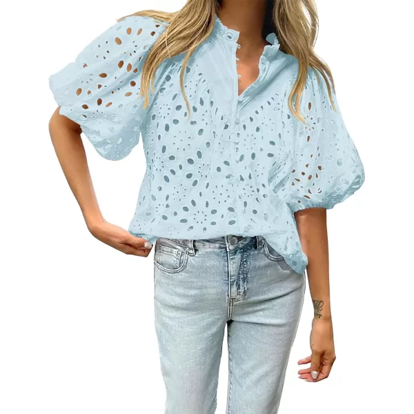 imageBTFBM Womens Casual Summer Blouse Tops Hollow Out Eyelet Embroidery V Neck Buttons Puff Short Sleeve Dressy Boho ShirtSolid Light Blue