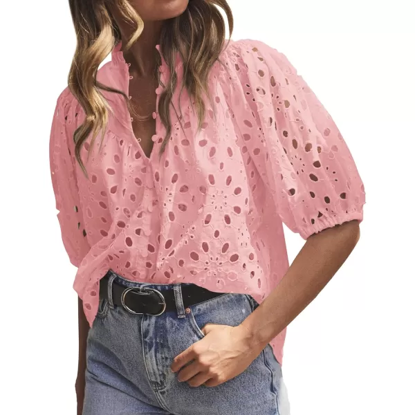 imageBTFBM Womens Casual Summer Blouse Tops Hollow Out Eyelet Embroidery V Neck Buttons Puff Short Sleeve Dressy Boho ShirtSolid Pink
