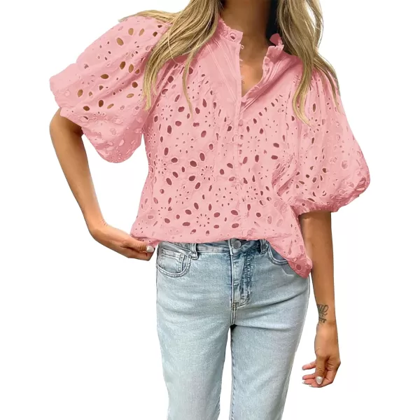 imageBTFBM Womens Casual Summer Blouse Tops Hollow Out Eyelet Embroidery V Neck Buttons Puff Short Sleeve Dressy Boho ShirtSolid Pink