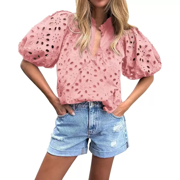 imageBTFBM Womens Casual Summer Blouse Tops Hollow Out Eyelet Embroidery V Neck Buttons Puff Short Sleeve Dressy Boho ShirtSolid Pink