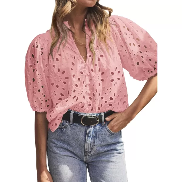 imageBTFBM Womens Casual Summer Blouse Tops Hollow Out Eyelet Embroidery V Neck Buttons Puff Short Sleeve Dressy Boho ShirtSolid Pink