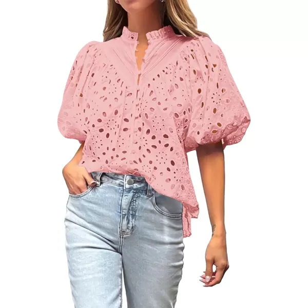 imageBTFBM Womens Casual Summer Blouse Tops Hollow Out Eyelet Embroidery V Neck Buttons Puff Short Sleeve Dressy Boho ShirtSolid Pink