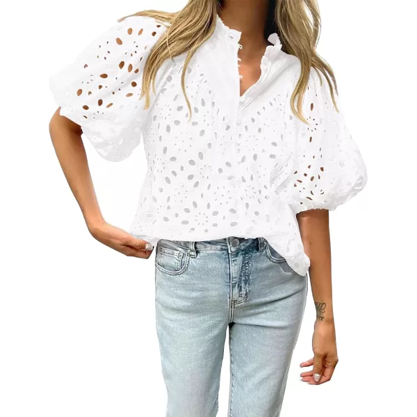 imageBTFBM Womens Casual Summer Blouse Tops Hollow Out Eyelet Embroidery V Neck Buttons Puff Short Sleeve Dressy Boho ShirtSolid White