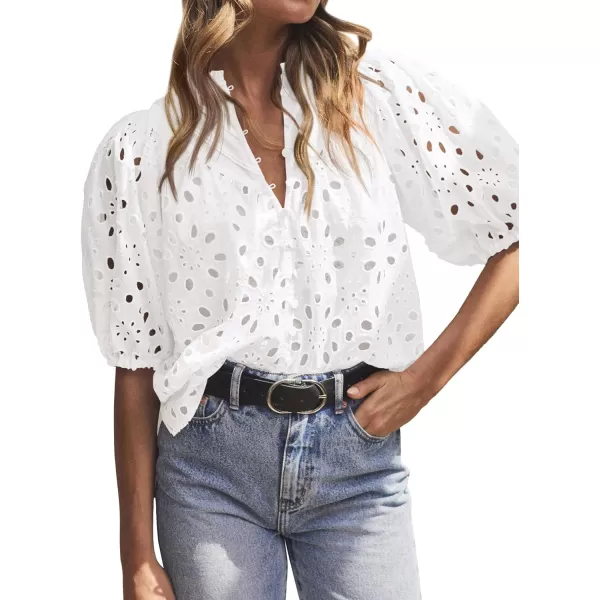 imageBTFBM Womens Casual Summer Blouse Tops Hollow Out Eyelet Embroidery V Neck Buttons Puff Short Sleeve Dressy Boho ShirtSolid White