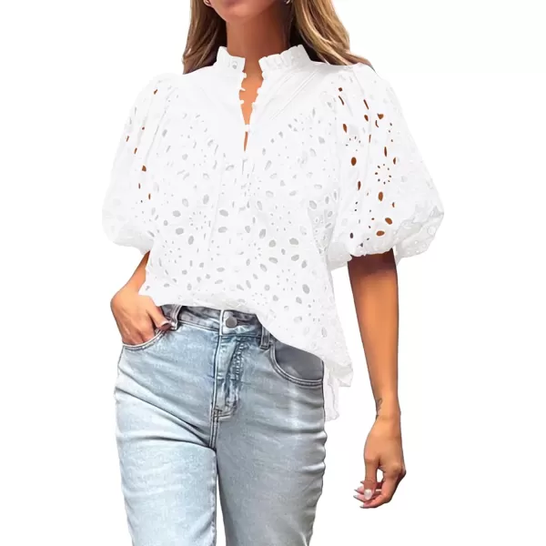 imageBTFBM Womens Casual Summer Blouse Tops Hollow Out Eyelet Embroidery V Neck Buttons Puff Short Sleeve Dressy Boho ShirtSolid White